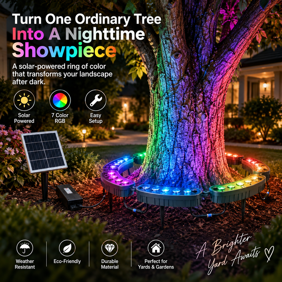 🌈Solar 7-Color RGB Tree Ring Lights – Turn Your Trees Into a Stunning Nighttime Display ✨
