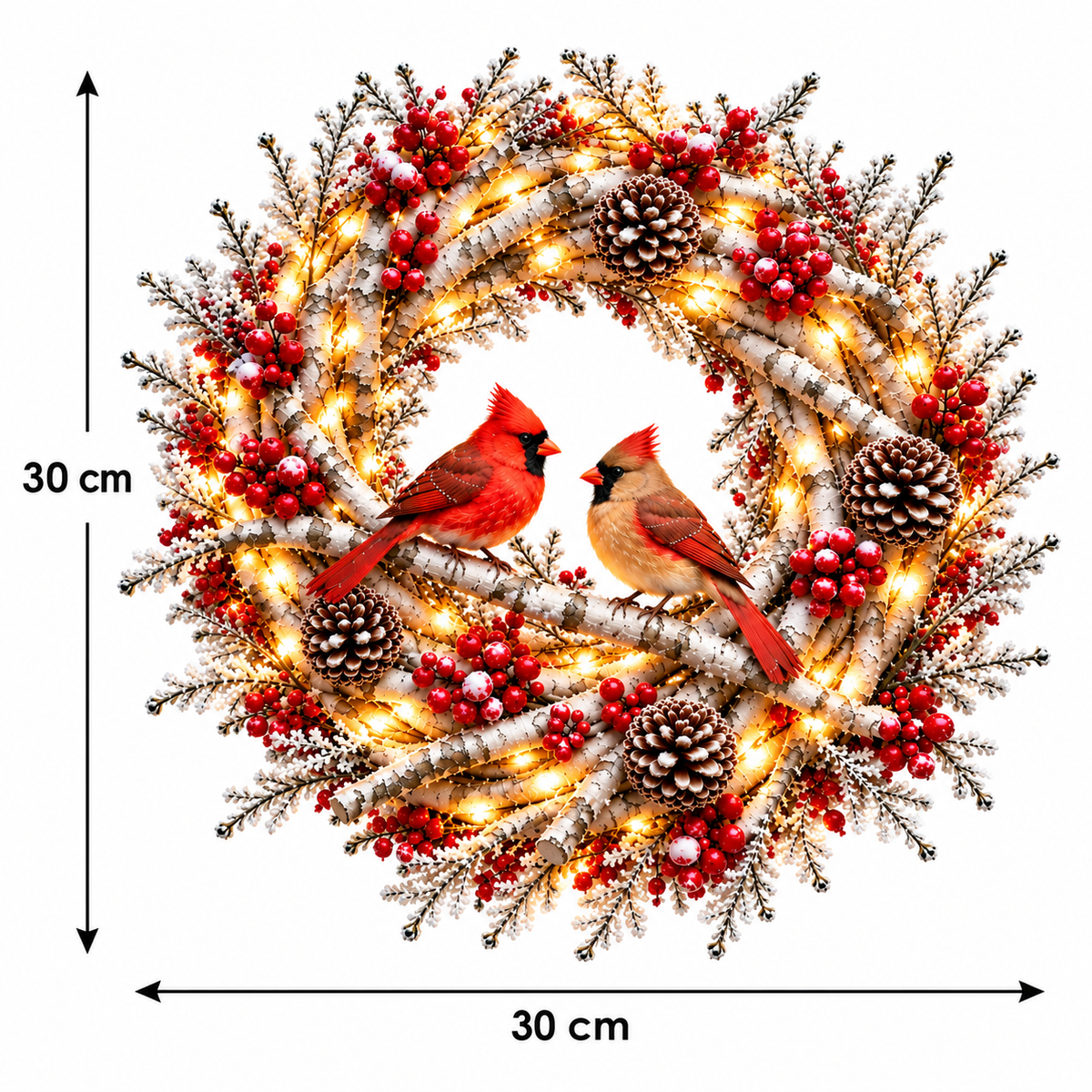 🔥 LAST DAY 50% OFF 🔥❤️🐦 Official Cardinals Together™ – Premium Lighted Snowy Birch Christmas Wreath with Male & Female Cardinals, Berries & Pinecones 🎄✨