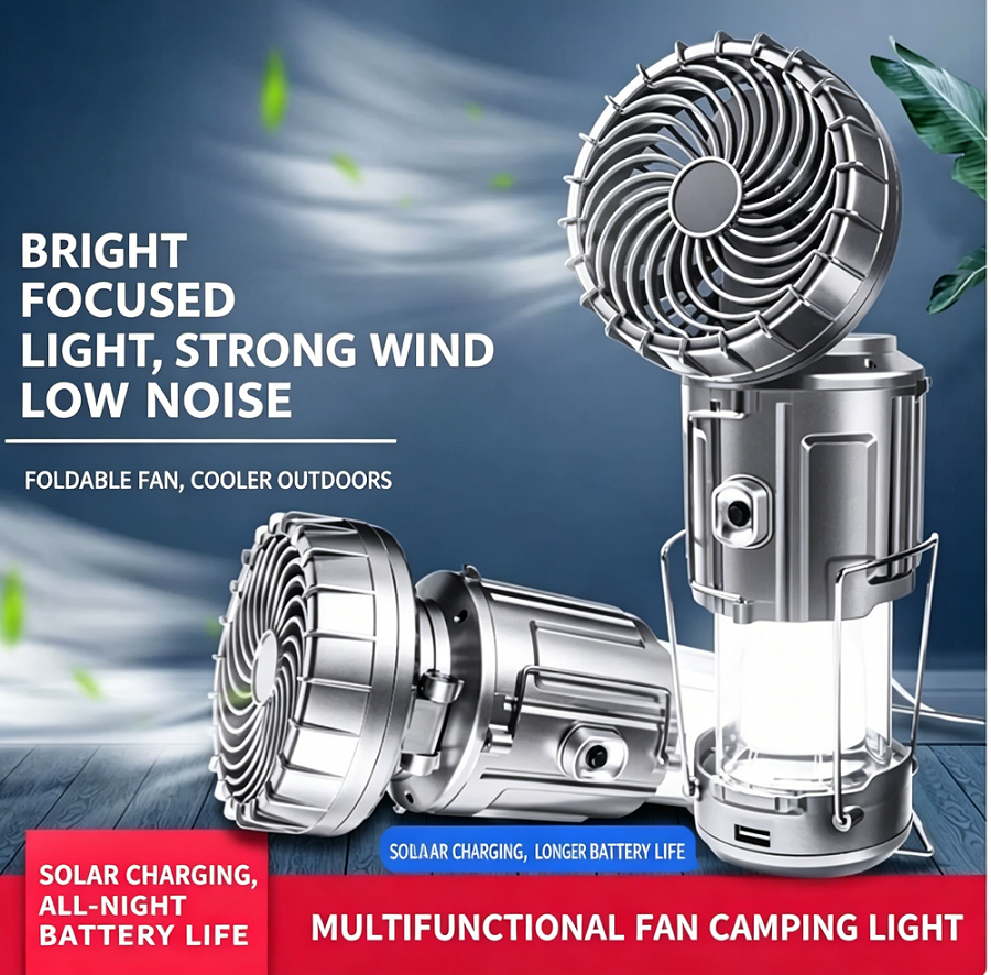 Portable Solar Camping Fan Light, Multi-Function LED Tent Lantern, Emergency Handheld Lamp