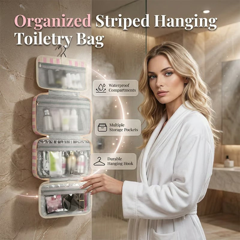 Striped Hanging Travel Makeup Bag Dry Wet Separate Toiletry Organizer