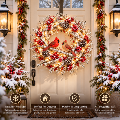 🔥 LAST DAY 50% OFF 🔥❤️🐦 Official Cardinals Together™ – Premium Lighted Snowy Birch Christmas Wreath with Male & Female Cardinals, Berries & Pinecones 🎄✨