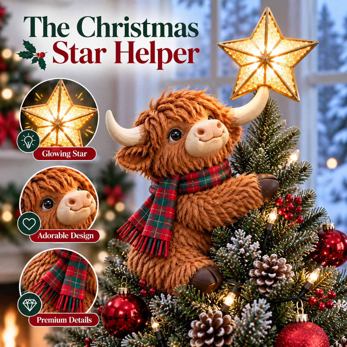🐮⭐ Highland Cow Star Helper™ – Lighted Christmas Tree Topper with Glowing Golden Star 🎄