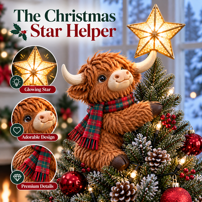 🐮⭐ Highland Cow Star Helper™ – Lighted Christmas Tree Topper with Glowing Golden Star 🎄