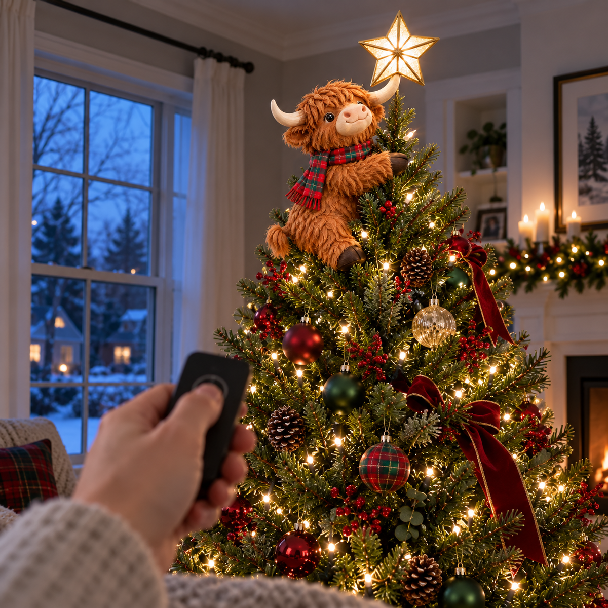 🐮⭐ Highland Cow Star Helper™ – Lighted Christmas Tree Topper with Glowing Golden Star 🎄