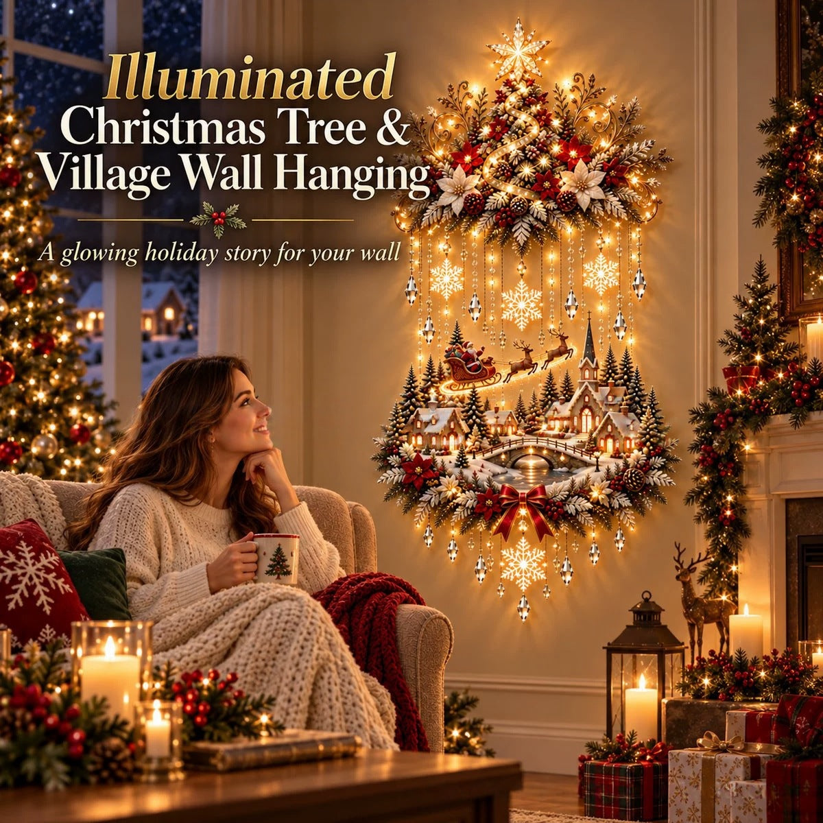 ✨ Lighted Christmas Tree Village Wall Decor – Festive Holiday Display