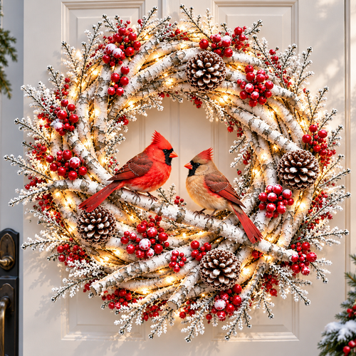 🔥 LAST DAY 50% OFF 🔥❤️🐦 Official Cardinals Together™ – Premium Lighted Snowy Birch Christmas Wreath with Male & Female Cardinals, Berries & Pinecones 🎄✨