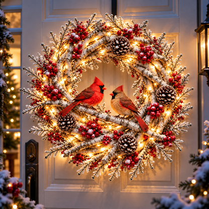 🔥 LAST DAY 50% OFF 🔥❤️🐦 Official Cardinals Together™ – Premium Lighted Snowy Birch Christmas Wreath with Male & Female Cardinals, Berries & Pinecones 🎄✨