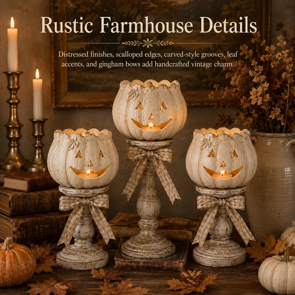 🔥Halloween Early Bird Sale🎃Harvest Glow White Pumpkin Pedestal Tealight Holders - Set of 3
