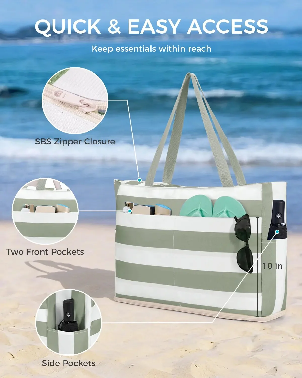 Large Mesh Beach Bag With40oz Tumbler Pocket AndZipper Closure