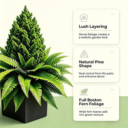 💥Last Day 70% OFF🌱 Lush Artificial UV Resistant Pine & Boston Fern Potted Plant