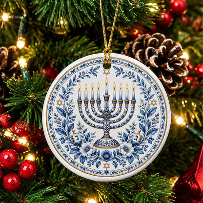 Blue & White Hanukkah Menorah Ceramic Ornament