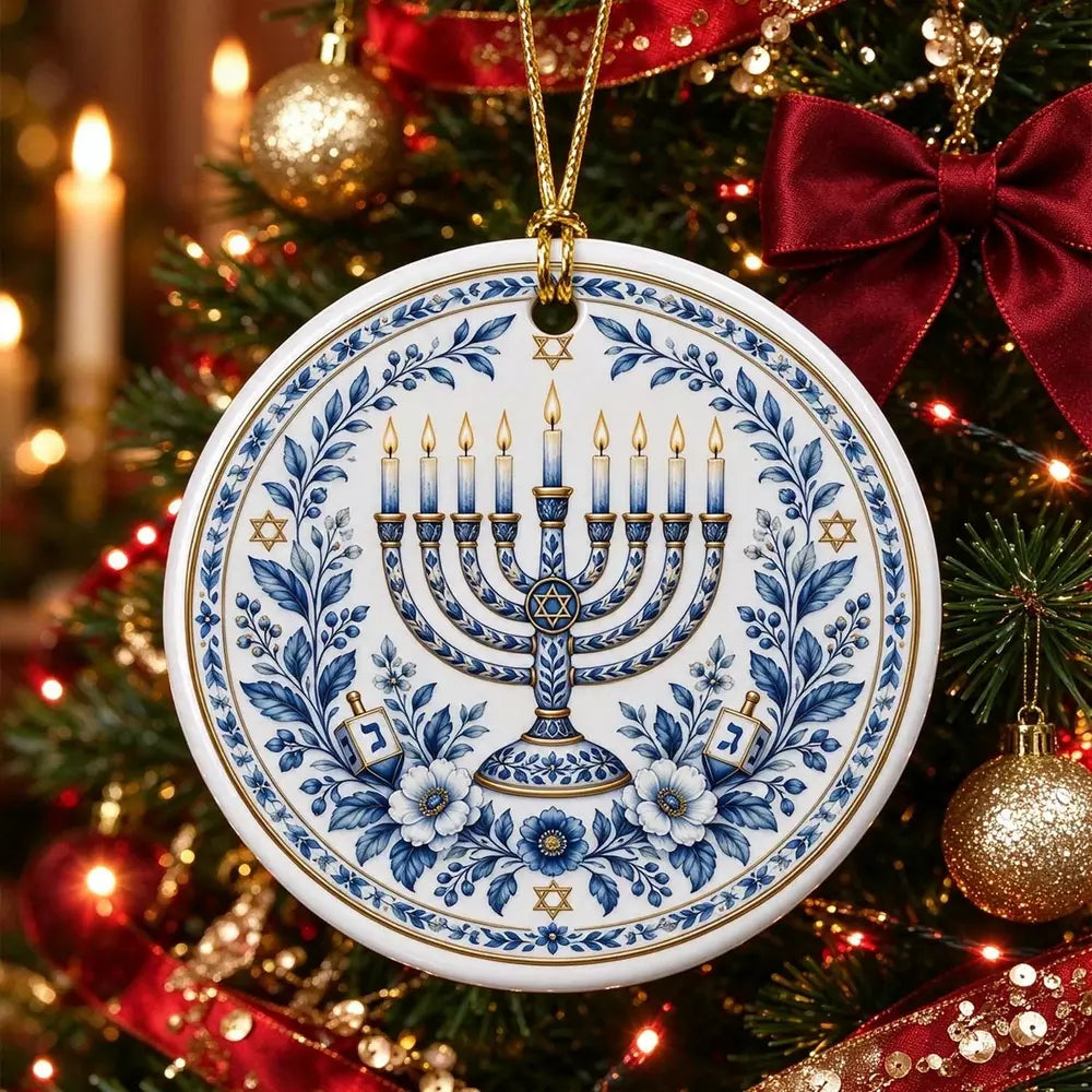 Blue & White Hanukkah Menorah Ceramic Ornament