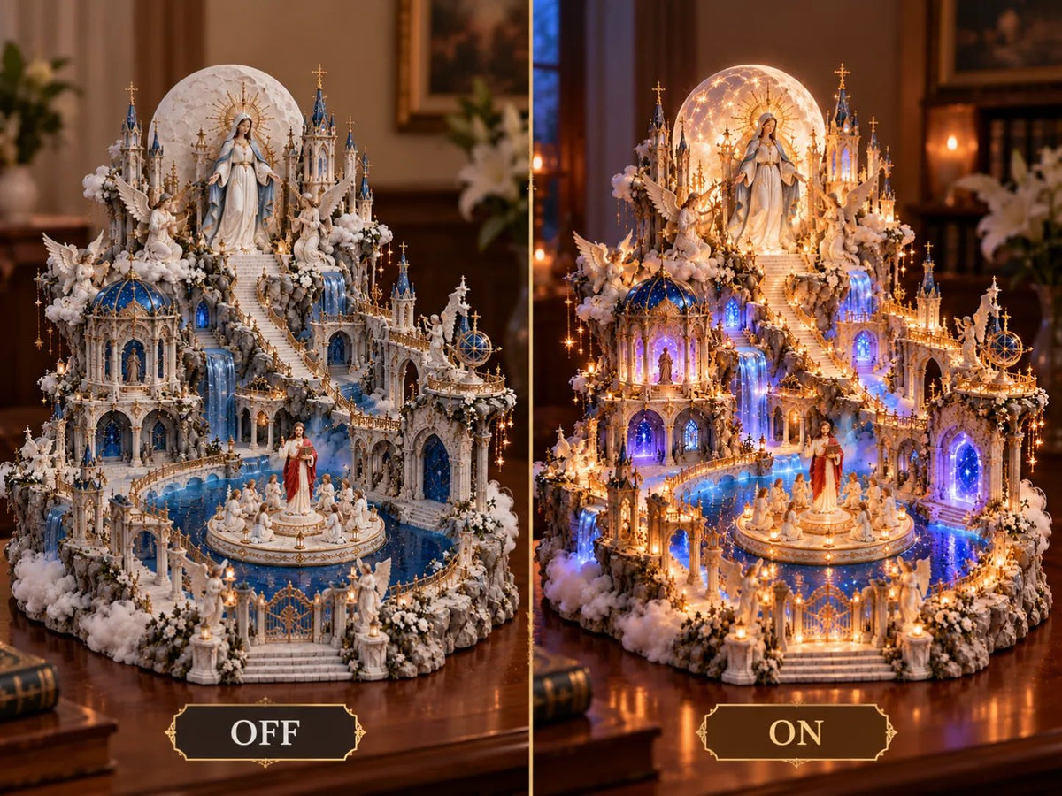 🙏Heavenly Light Sanctuary – Illuminated Cathedral Diorama with Rotating Faith Scene✝️✨