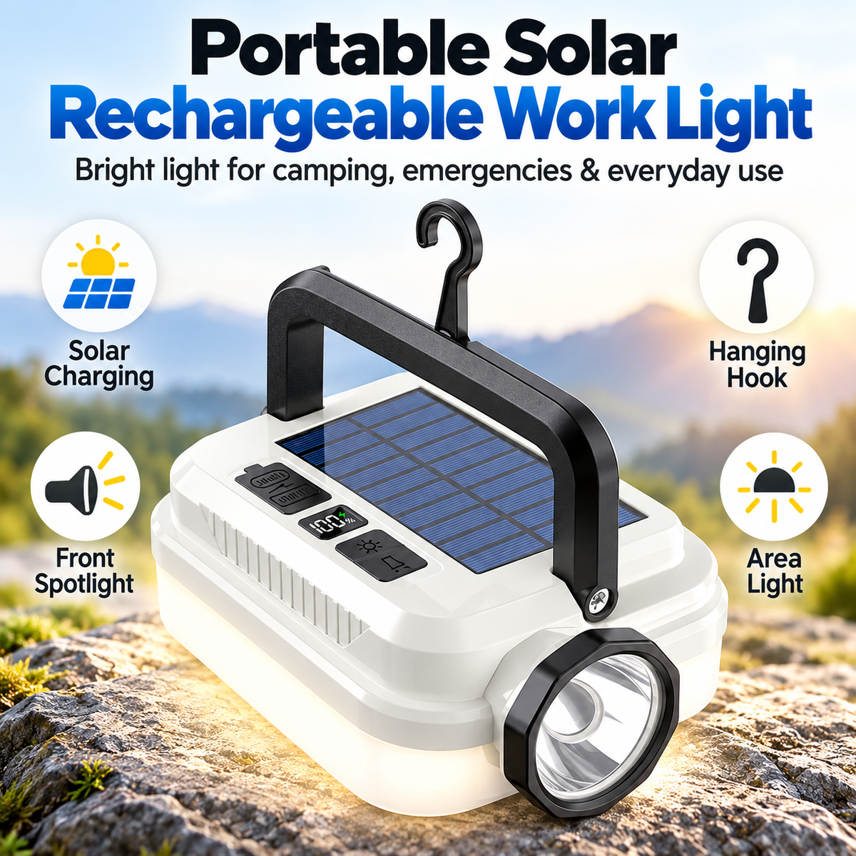 🏕️🔥Dual‑Light Solar Camping Lantern‑Multi‑Function Portable Solar Work Light with Power Bank, Hanging Emergency Lamp for Camping Hiking Power‑Outage