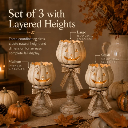 🔥Halloween Early Bird Sale🎃Harvest Glow White Pumpkin Pedestal Tealight Holders - Set of 3