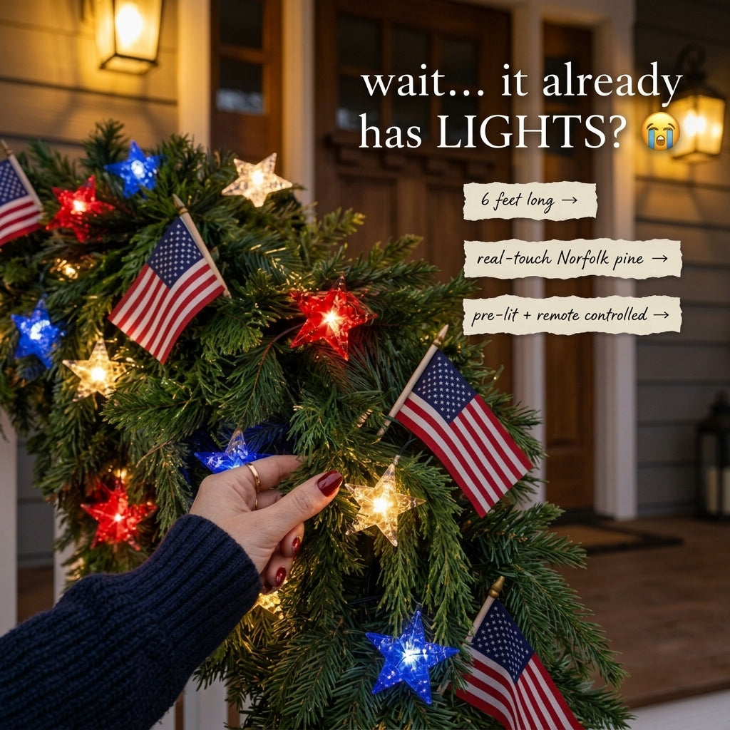 🏆Patriotic Christmas Garland with Star Lights-⭐Light Up Your American Christmas