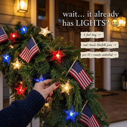 🏆Patriotic Christmas Garland with Star Lights-⭐Light Up Your American Christmas