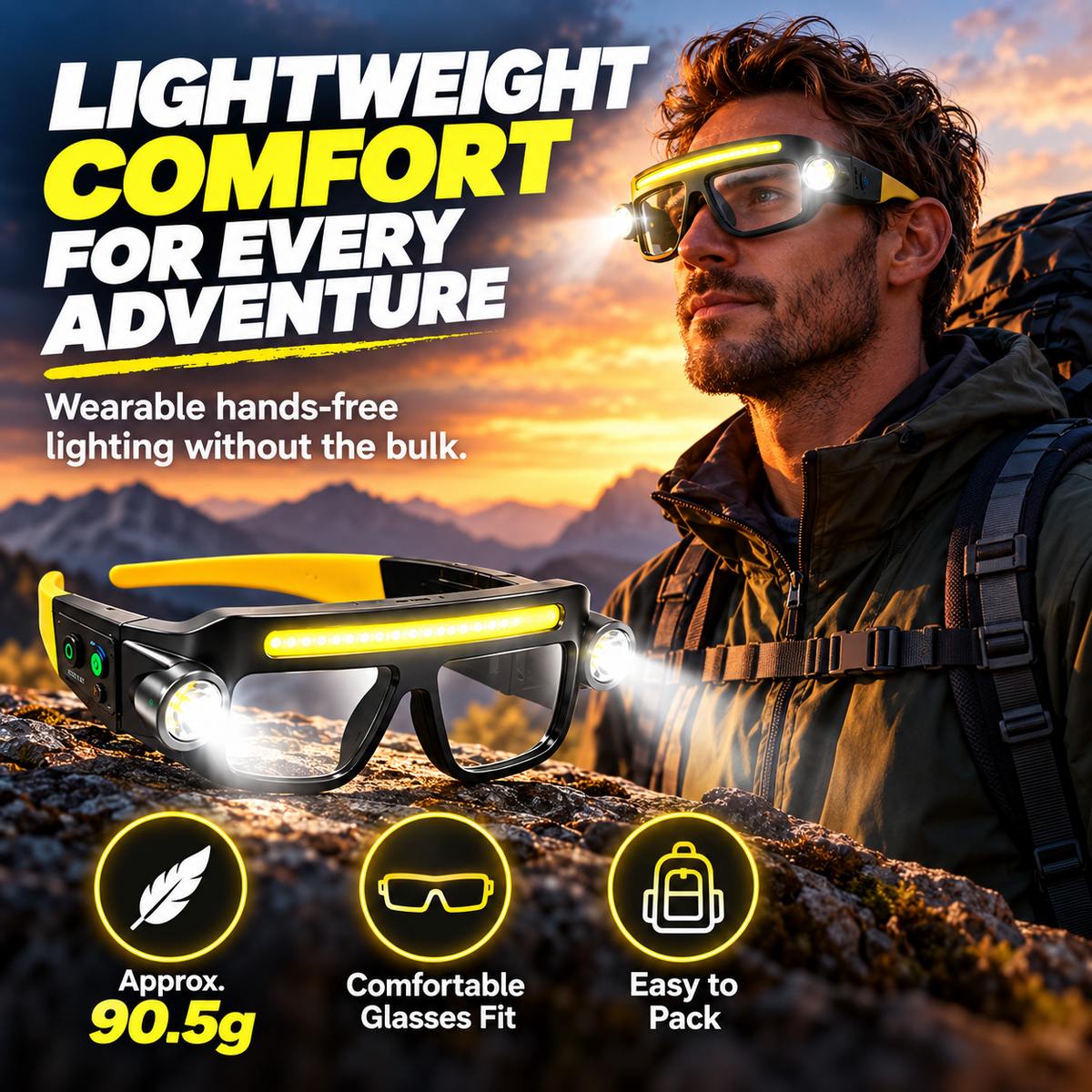 ⚡ Hands-Free LED Glasses Light ¡ª Wave Sensor, 40 COB + Dual Spotlights, Type-C Rechargeable