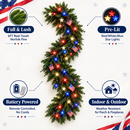 🏆Patriotic Christmas Garland with Star Lights-⭐Light Up Your American Christmas