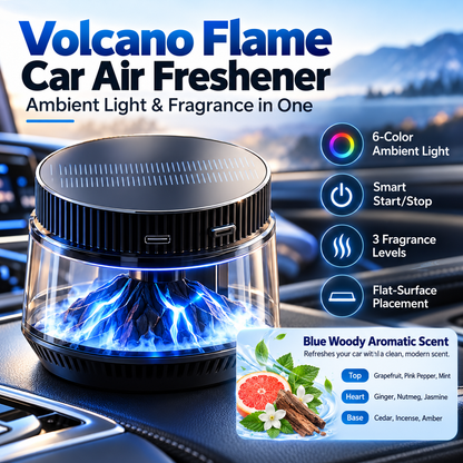 🌋 Volcano Flame Car Air Freshener – 6-Color Ambient Light, Adjustable Fragrance & Smart Auto Start/Stop