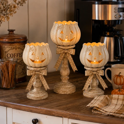 🔥Halloween Early Bird Sale🎃Harvest Glow White Pumpkin Pedestal Tealight Holders - Set of 3
