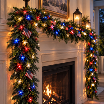 🏆Patriotic Christmas Garland with Star Lights-⭐Light Up Your American Christmas