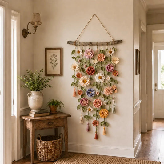 🌸 Boho Crochet Flower Wall Hanging | 3D Blooms + Tassels + Driftwood Branch | Farmhouse Cottagecore Decor