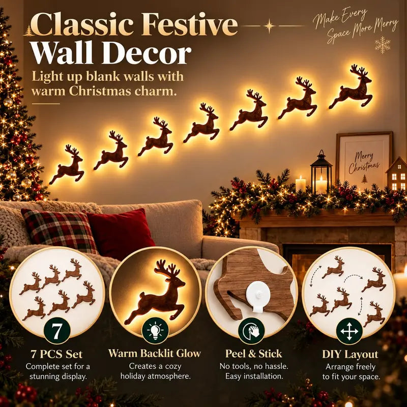 LIMITED-TIME 50% OFF — SHOP NOW! 🔥7Pcs Led Reindeer Wall Decorations, 3d Antler Glow Wall Decor For Christmas,3D Light-Up Wooden Reindeer Christmas Wall Decor Lights