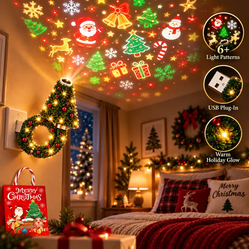 2026 USB Plug-In Christmas Projector Night Light, 6+ Holiday Patterns LED Ceiling Projection Lamp, Christmas Tree Nightlight, Warm LED Room Decor for Bedroom, Party, Xmas Gifts for Kids Family