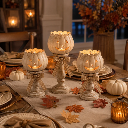 🔥Halloween Early Bird Sale🎃Harvest Glow White Pumpkin Pedestal Tealight Holders - Set of 3