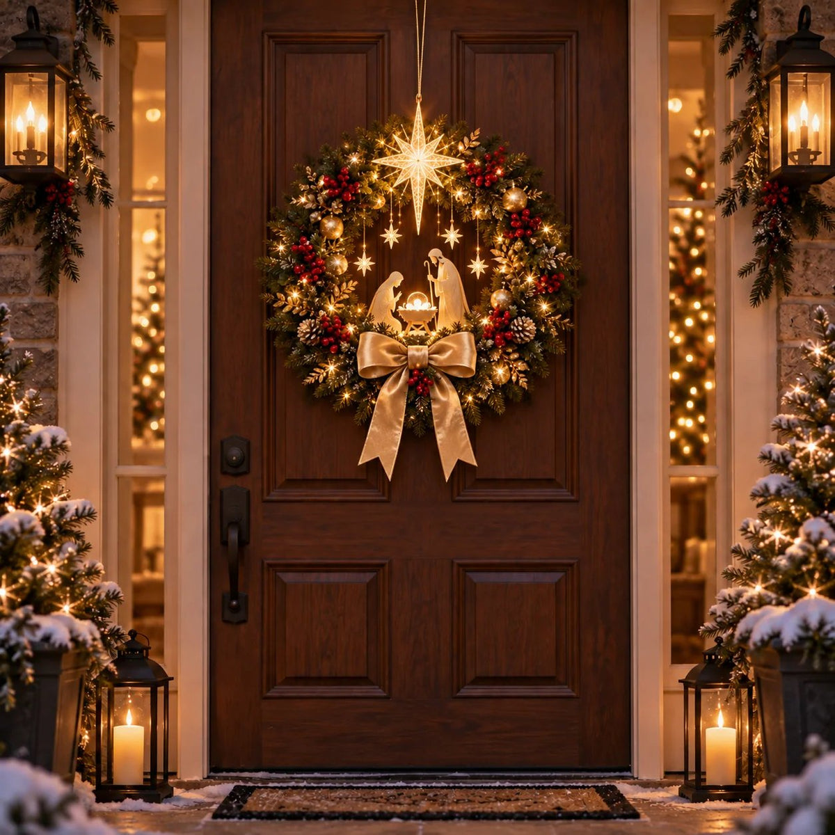 🔥HOT SALE🔥 49% OFF✨ Lighted Nativity Christmas Wreath – Bethlehem Star Front Door Decor🎄