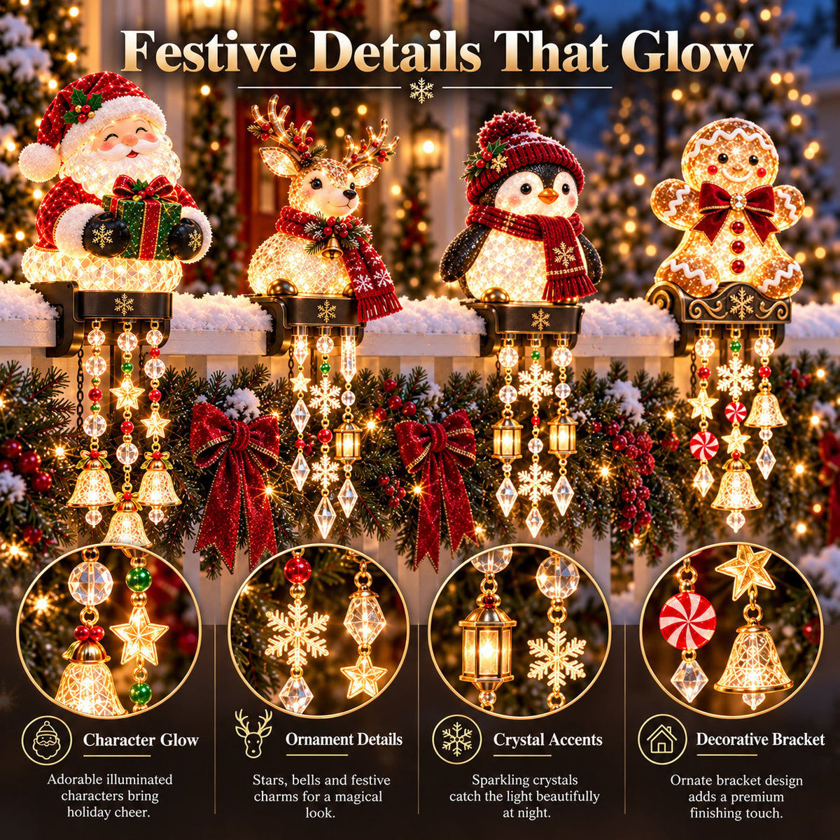 💯🎄 Christmas Porch Railing Lights – 4 Festive Character Designs