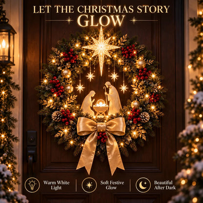 🔥HOT SALE🔥 49% OFF✨ Lighted Nativity Christmas Wreath – Bethlehem Star Front Door Decor🎄