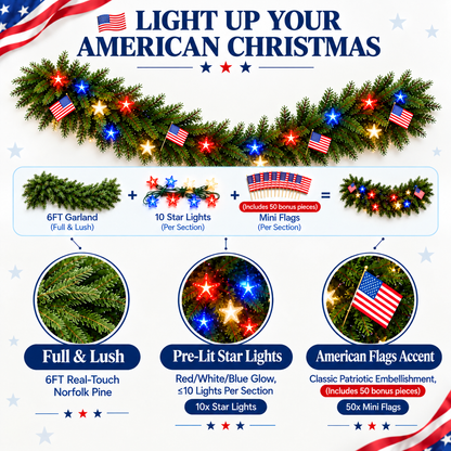 🏆Patriotic Christmas Garland with Star Lights-⭐Light Up Your American Christmas