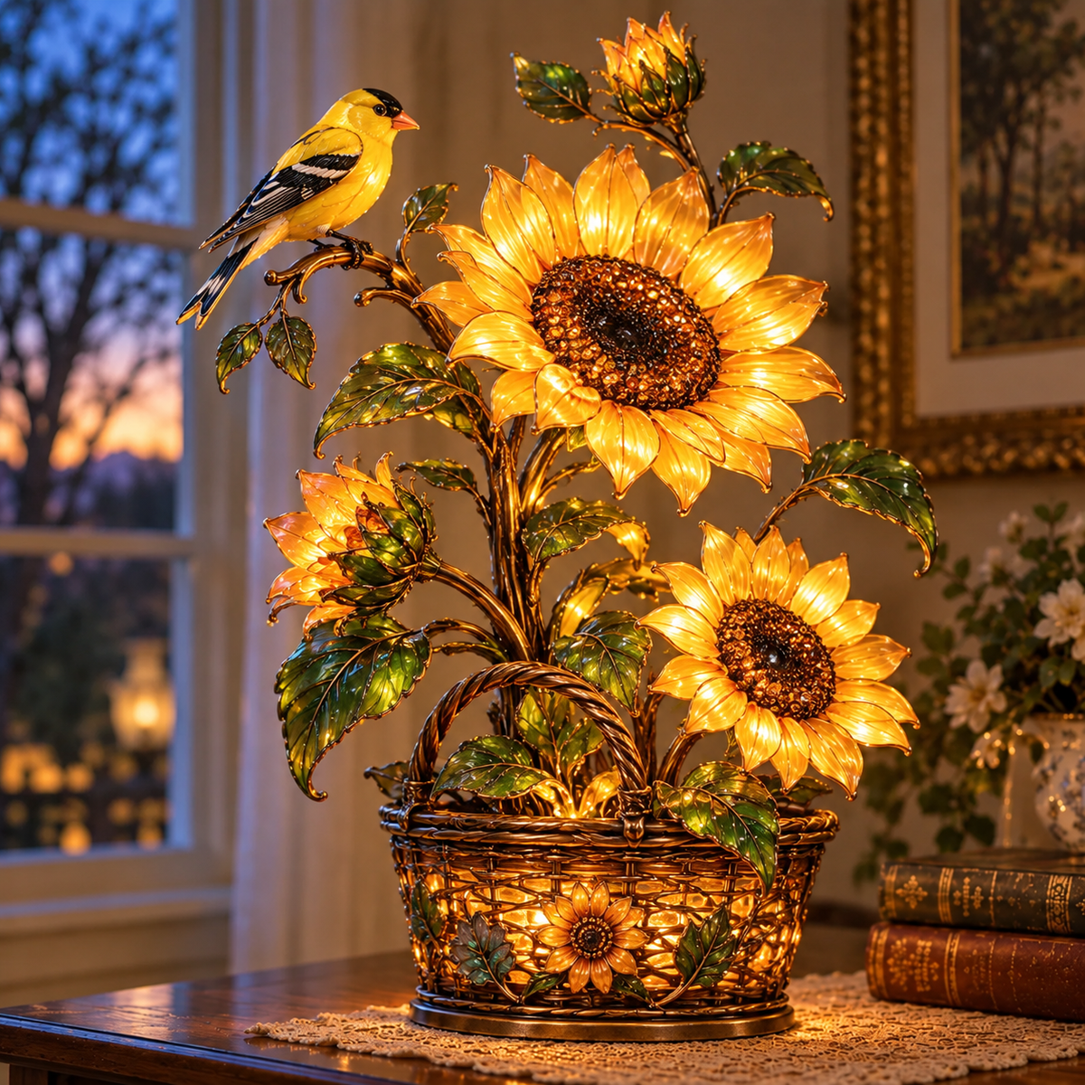 ⏰Limited Stock 50% OFF - 🌻 Golden Sunflower & Goldfinch Basket Lamp | Lighted Floral Table Decor ✨