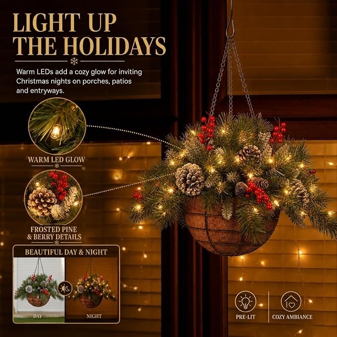 🎄Christmas Promotion 50% OFF🔥Pre-Lit Artificial Christmas Hanging Basket
