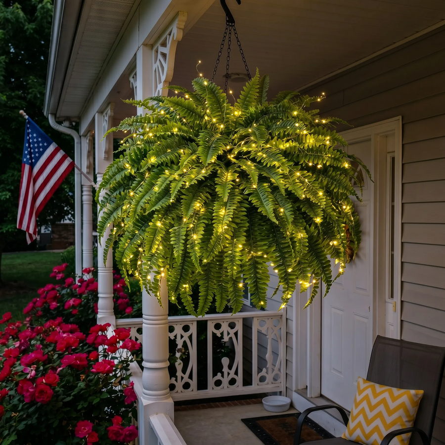 Lighted Boston Fern Hanging Porch Decor