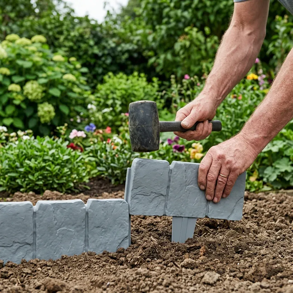 Border section being installed in soil with a rubber mallet