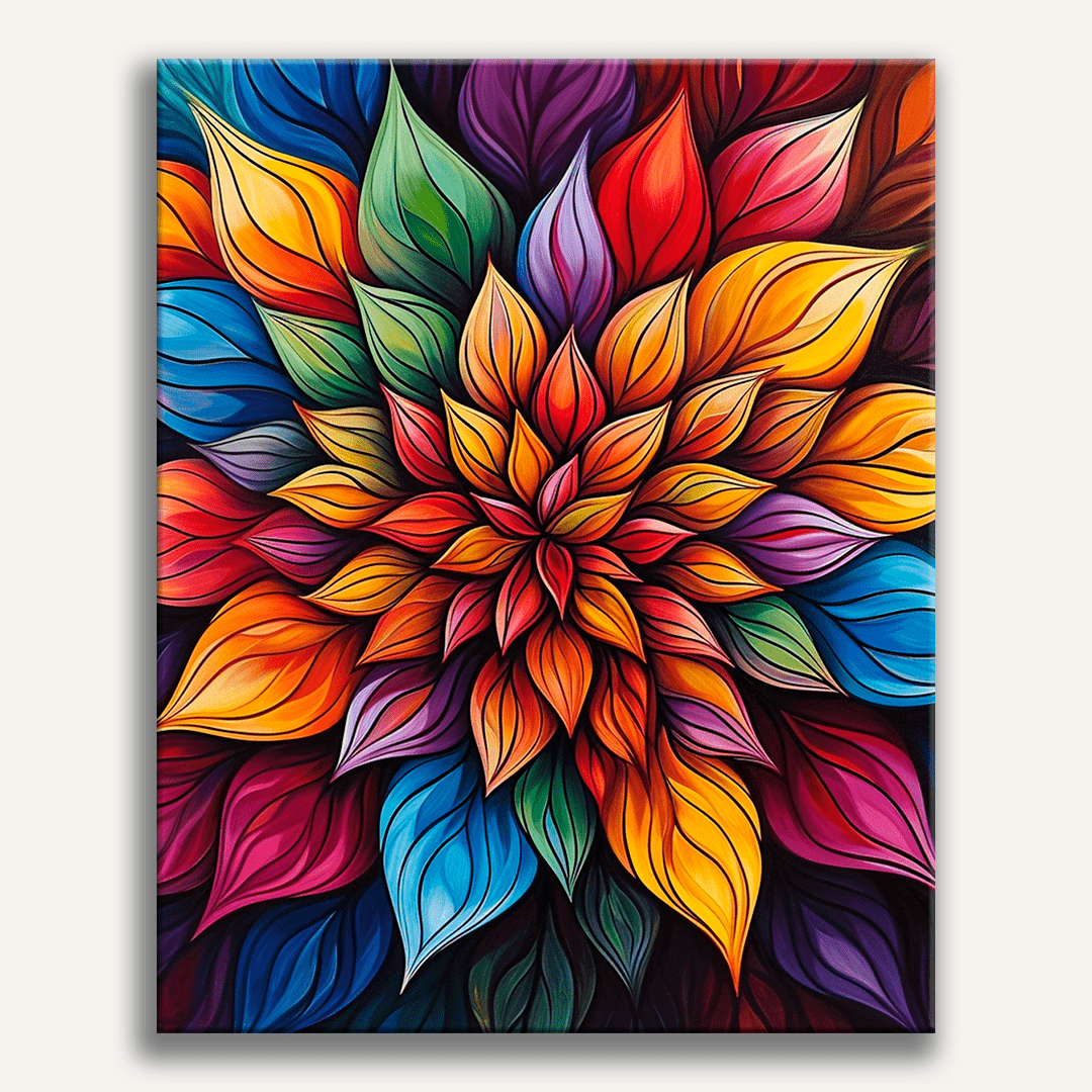 An art print featuring a vibrant abstract pattern composed of interconnected organic shapes in various hues of blue, green, red, and purple.