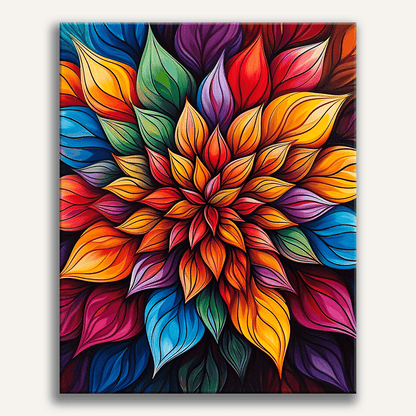 An art print featuring a vibrant abstract pattern composed of interconnected organic shapes in various hues of blue, green, red, and purple.