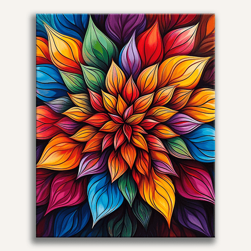 An art print featuring a vibrant abstract pattern composed of interconnected organic shapes in various hues of blue, green, red, and purple.