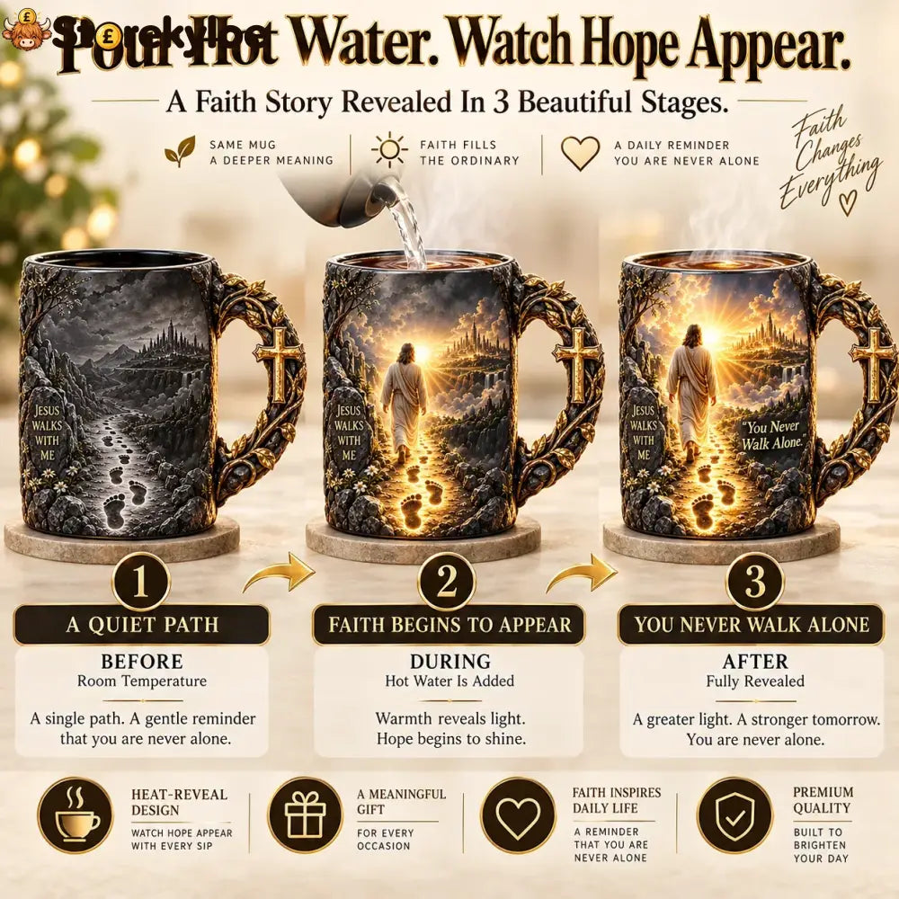 ✝️🔥Last Day 49% OFF🔥✝️ Jesus Walks With Me™ – Heat-Reveal Faith Mug | You Are Never Alone