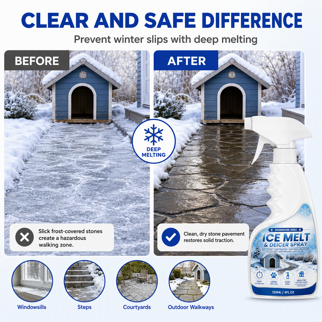 Outdoor De-Icing & Snow Melting Spray ¨C pet-safe, dissolves frost on contact. Clear steps, walkways & patios fast