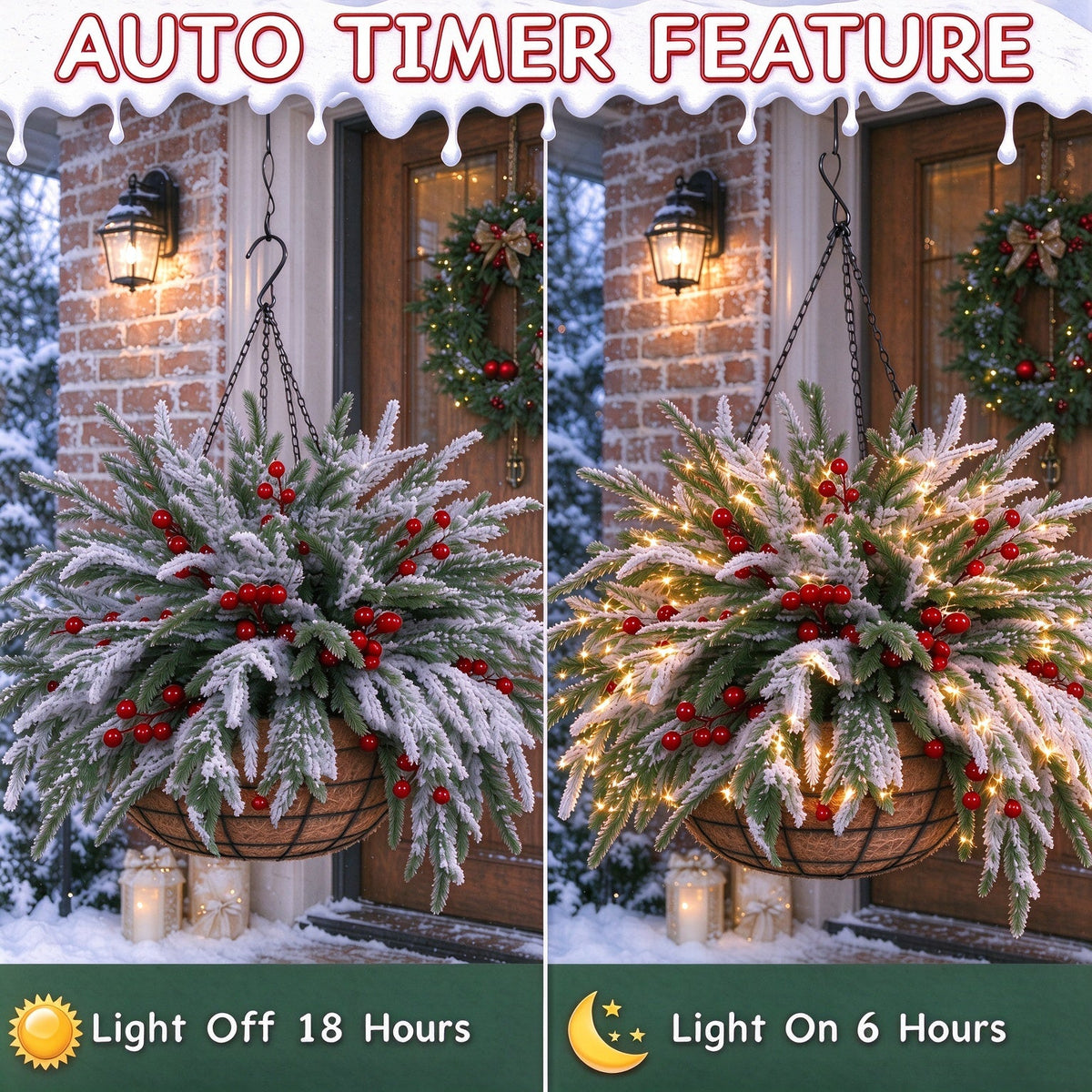 🎄🏆 Christmas Hot Sale! ✨ Pre-Lit Snowflake Pine & Red Berry Hanging Basket 🌿