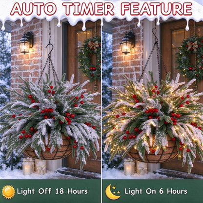 🎄🏆 Christmas Hot Sale! ✨ Pre-Lit Snowflake Pine & Red Berry Hanging Basket 🌿