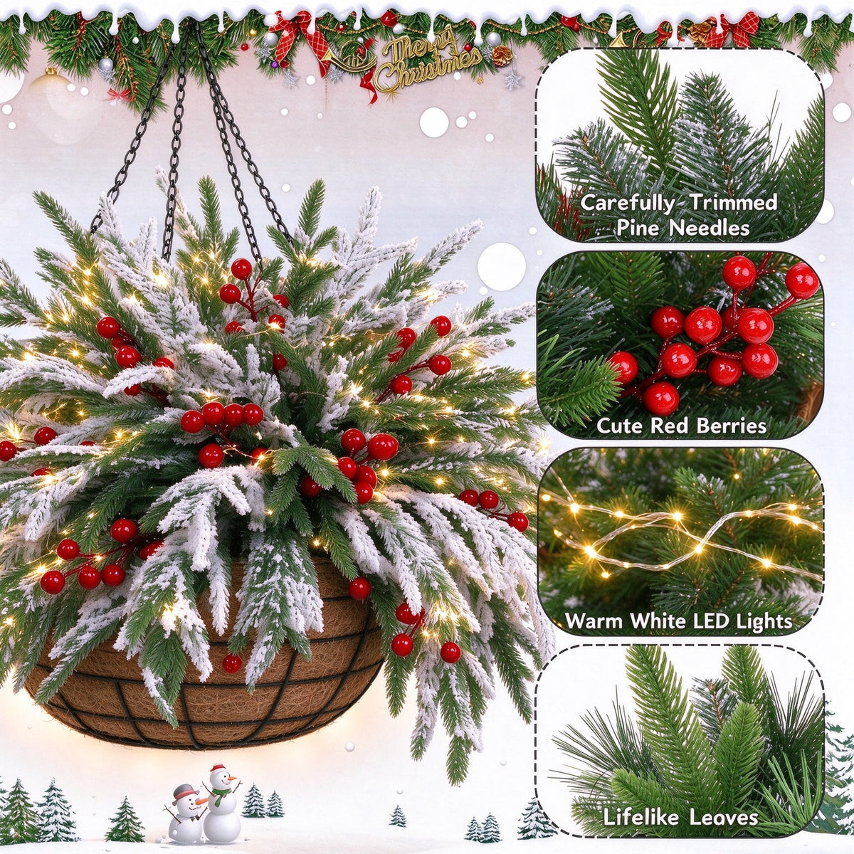 🎄🏆 Christmas Hot Sale! ✨ Pre-Lit Snowflake Pine & Red Berry Hanging Basket 🌿