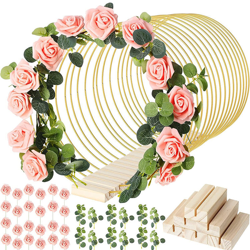 🌸 50% OFF! Gold Hoop Christmas Centerpiece with Wooden Stand & LED Lights – DIY Festive Table Decor